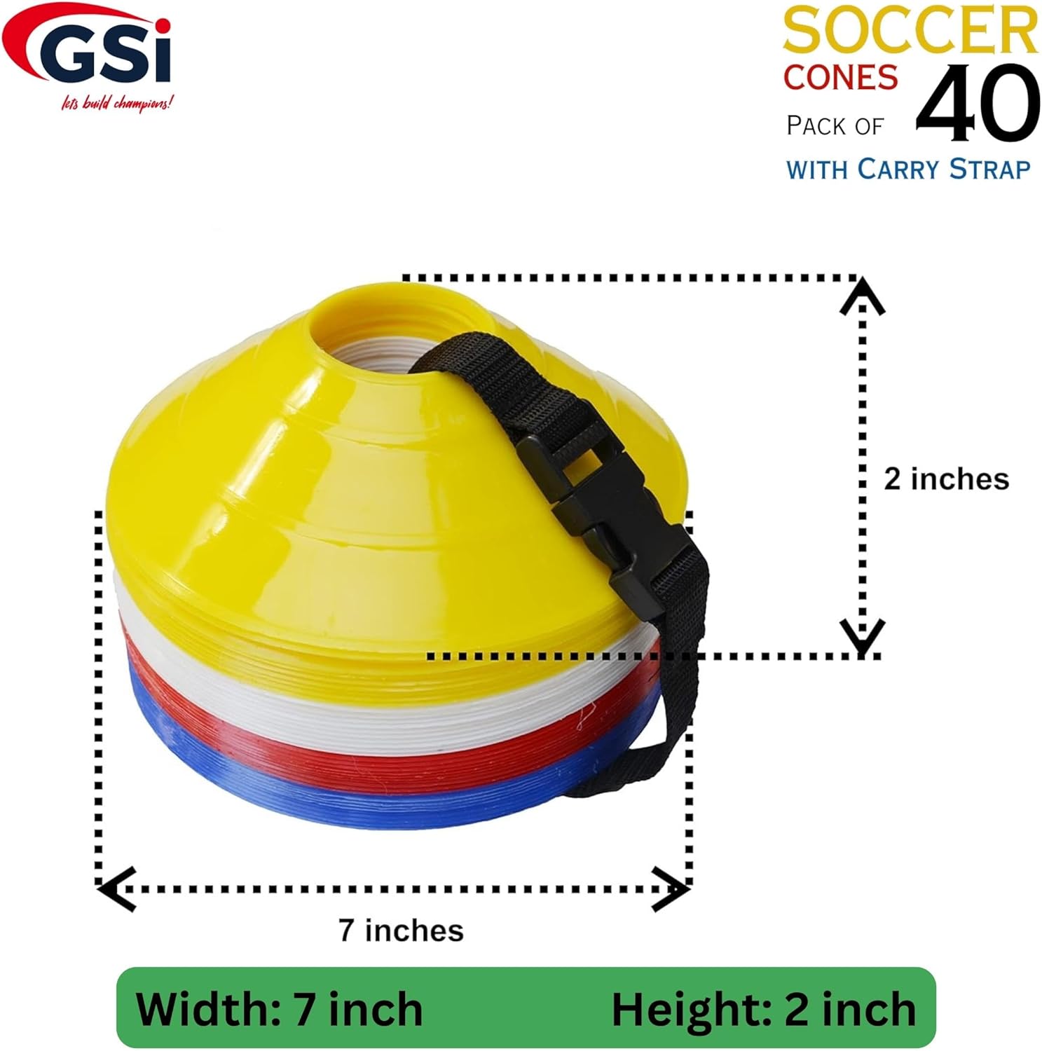 GSi Conos de fútbol regulares, paquete de 40, conos de 7 pulgadas de diámetro en 4 colores, viene con correa para el hombro, para ejercicios de