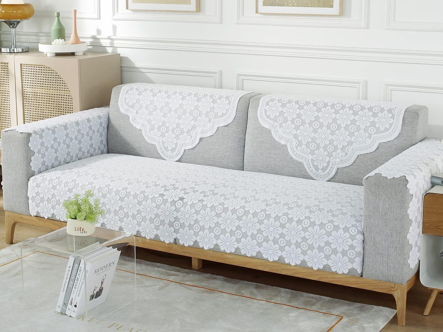 vctops Fundas de encaje blanco para reposabrazos de respaldo, fundas para sillón bordado para perros, gatos, sofá biplaza reclinable, en forma de L