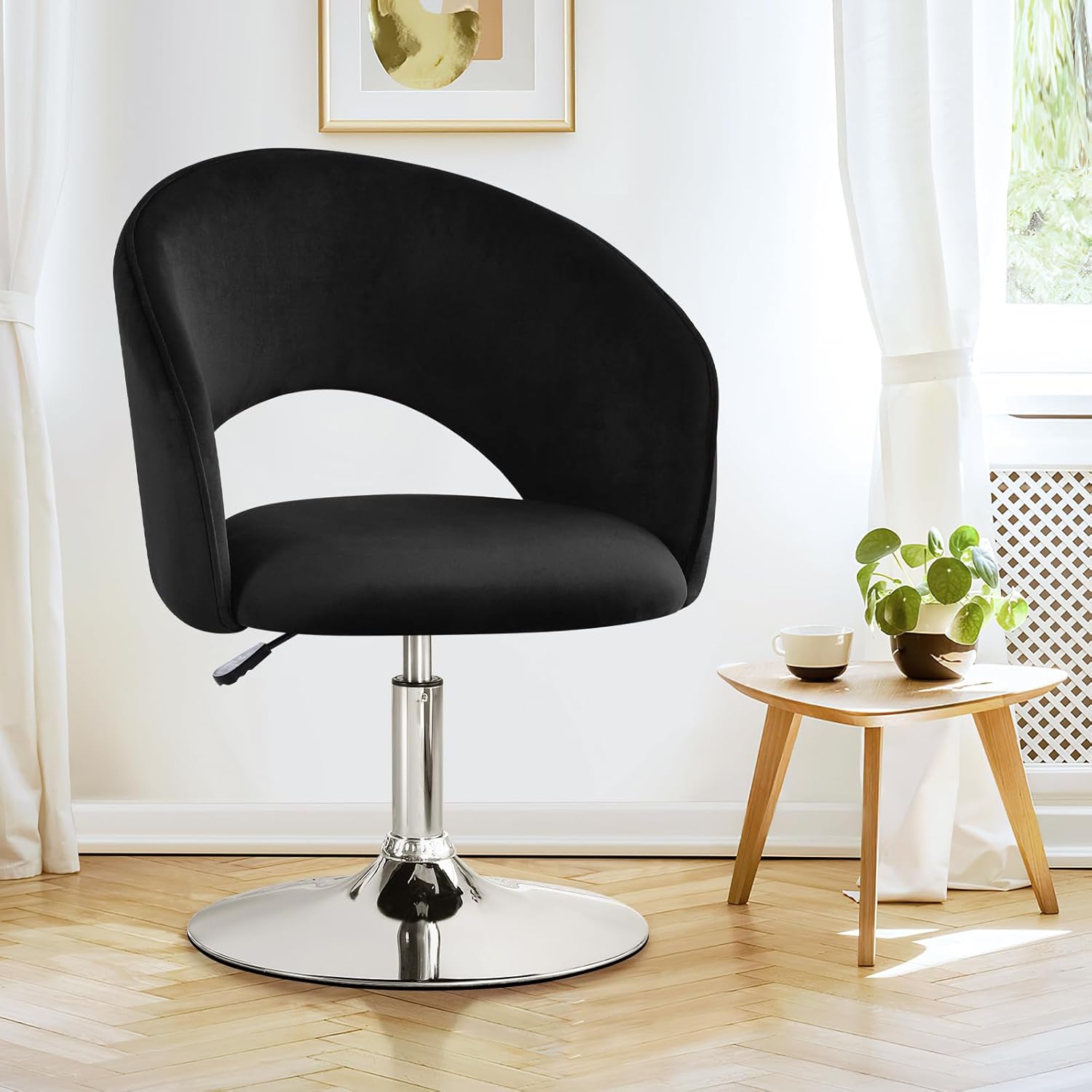 Furniliving Vanidad de maquillaje, silla flexible con respaldo redondo, silla de acento de 360 con marco plateado, sillas giratorias ajustables en