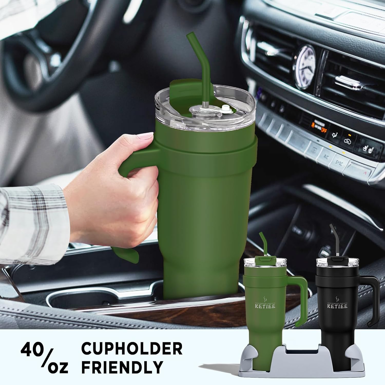 KETIEE Vaso de 40 onzas con asa y pajilla, taza de viaje de acero inoxidable aislada al vacío con tapa atornillada, jarra de agua grande, taza de
