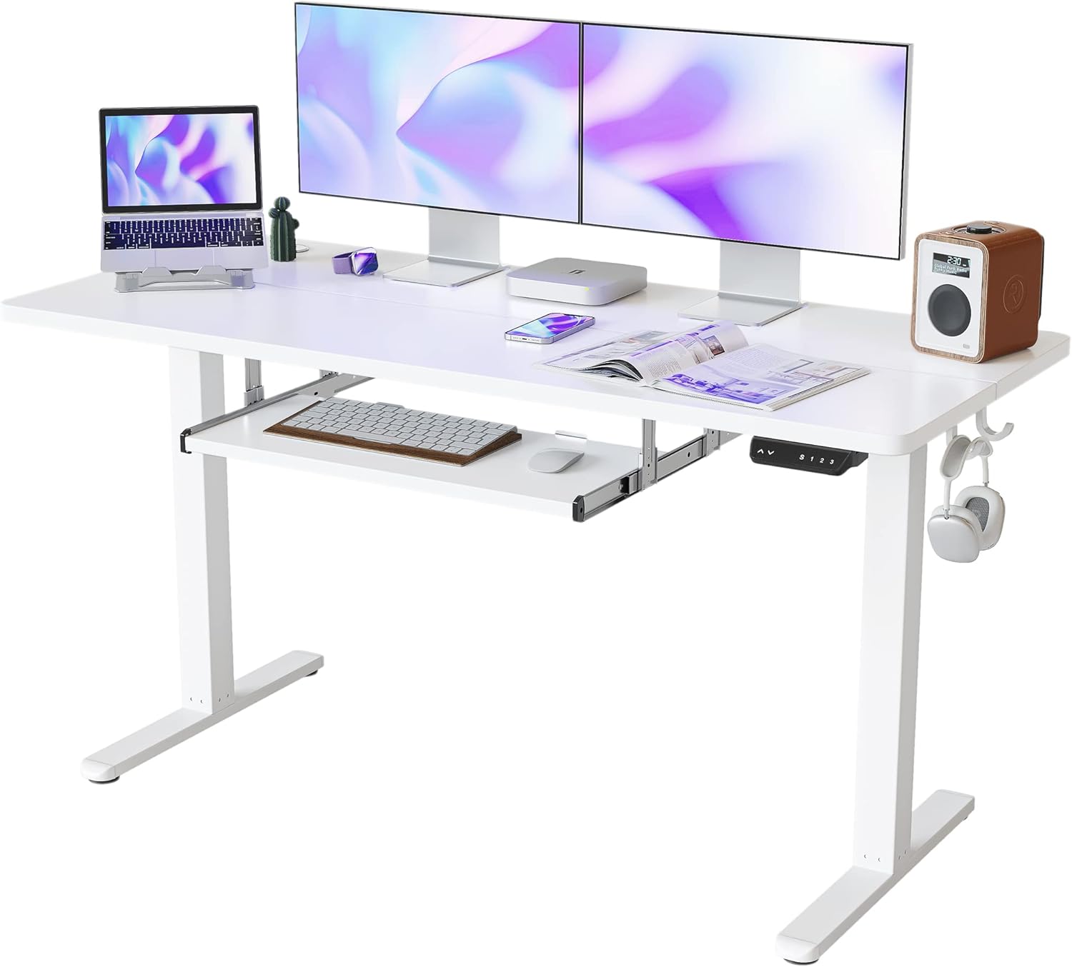 FEZIBO Escritorio de pie con bandeja para teclado, escritorio eléctrico de altura ajustable de 55 x 24 pulgadas, escritorio de pie para sentarse,