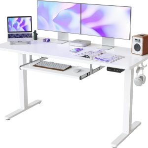 FEZIBO Escritorio de pie con bandeja para teclado, escritorio eléctrico de altura ajustable de 55 x 24 pulgadas, escritorio de pie para sentarse, FEZIBO Escritorio de pie con bandeja para teclado, escritorio eléctrico de altura ajustable de 55 x 24 pulgadas, escritorio de pie para sentarse,