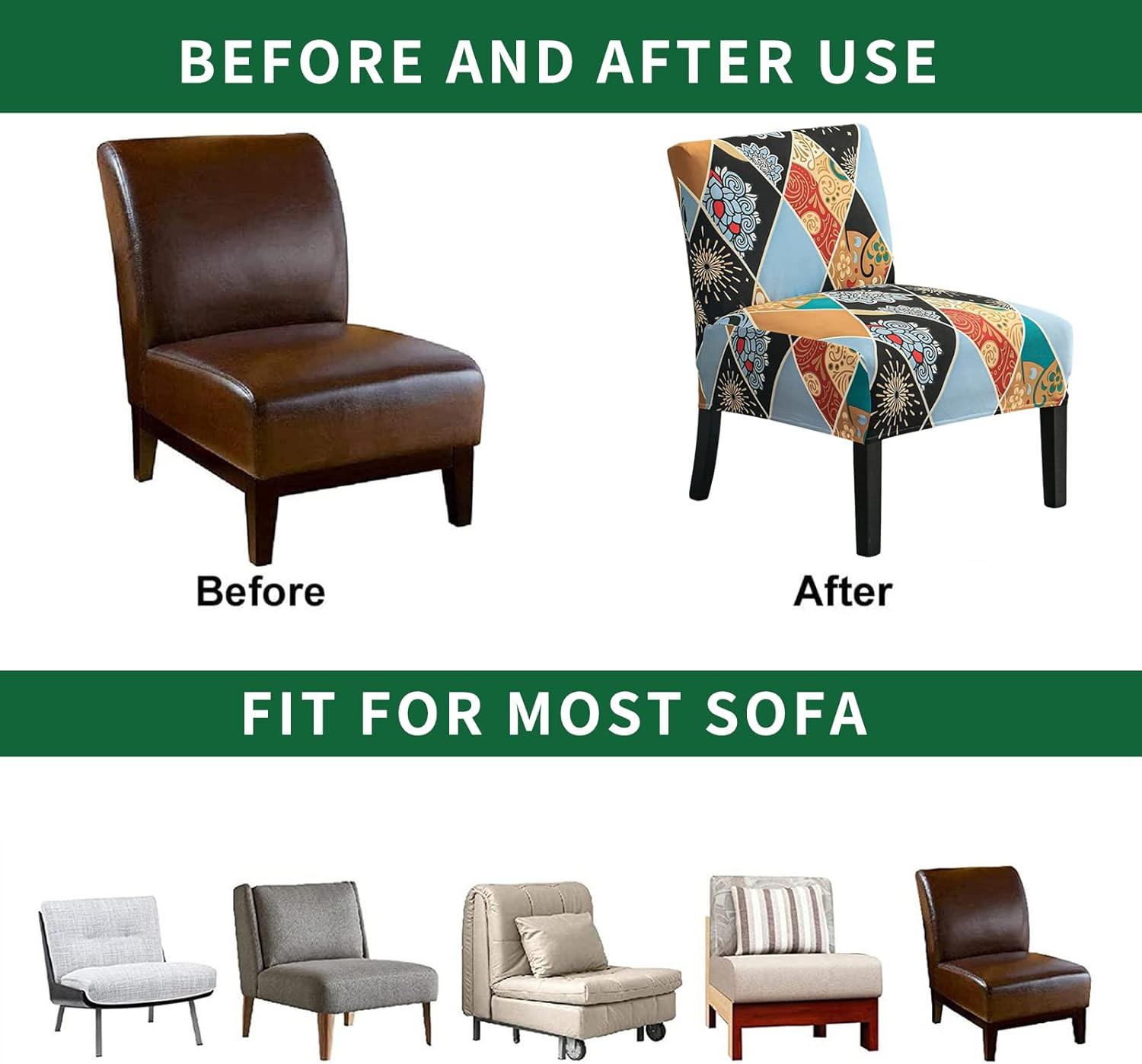GOSTADY Funda elástica para silla sin brazos, lavable, funda protectora de muebles para silla sin brazos estampada extraíble para sala de estar,