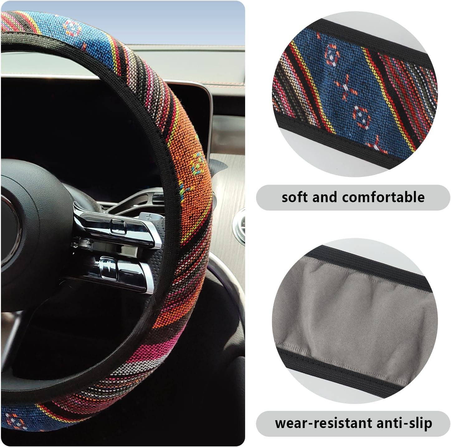 Funda para volante de automóvil de 15 pulgadas, funda elástica bohemia para volante de automóvil para mujeres y hombres, accesorios universales para