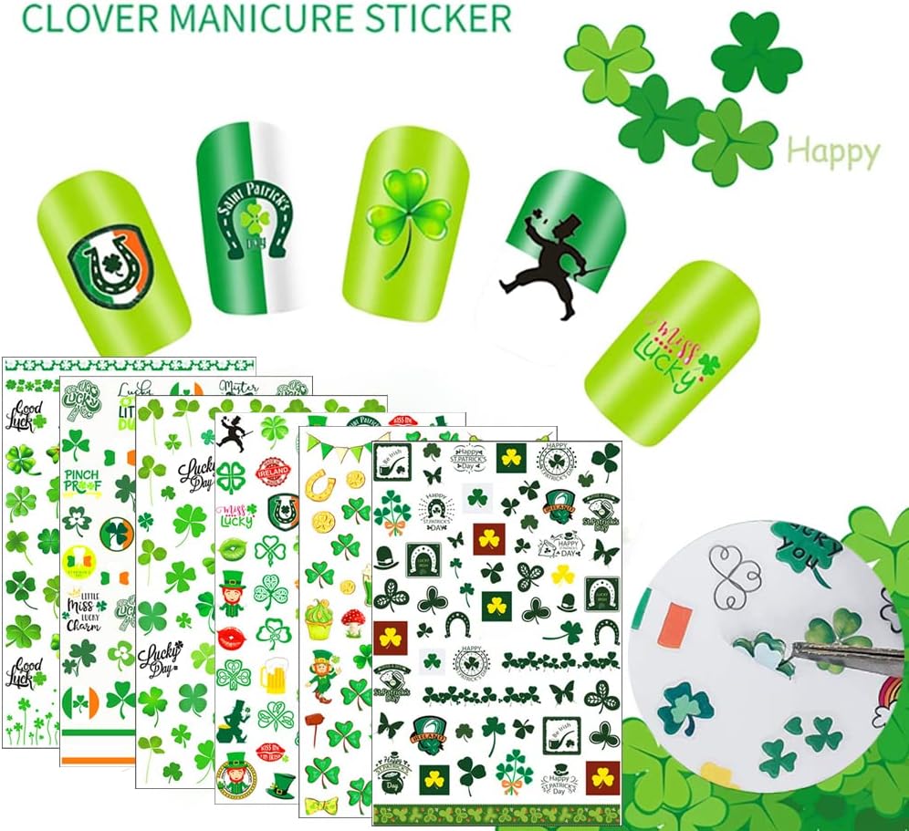 6 hojas de calcomanías para uñas del día de San Patricio, autoadhesivas 3D, trébol, trébol, trébol, verde, irlandés, decoración de uñas, día de San