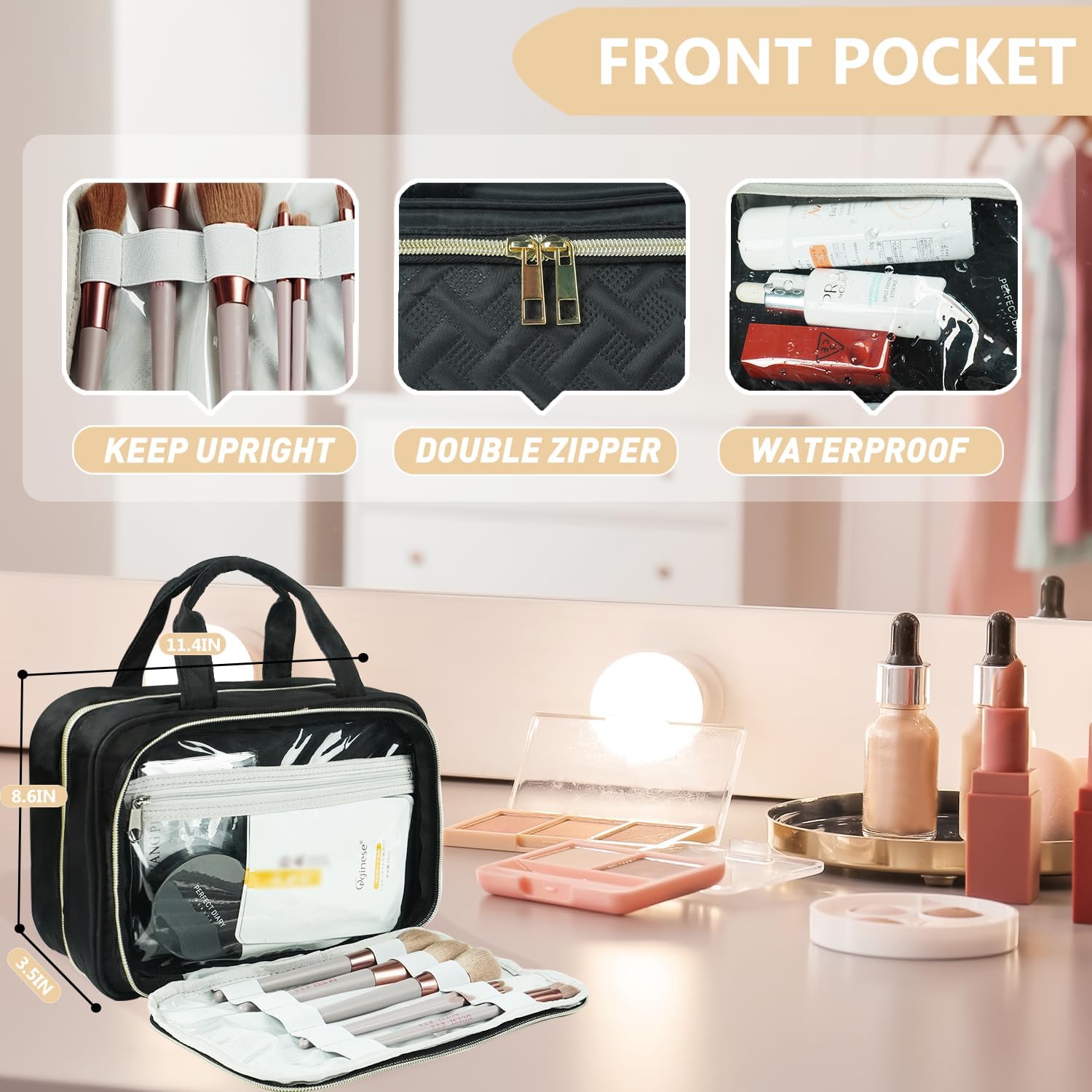 VLM Neceser de viaje, organizador de maquillaje con bolsa de cosméticos transparente aprobada por la TSA, artículos esenciales de viaje, accesorios