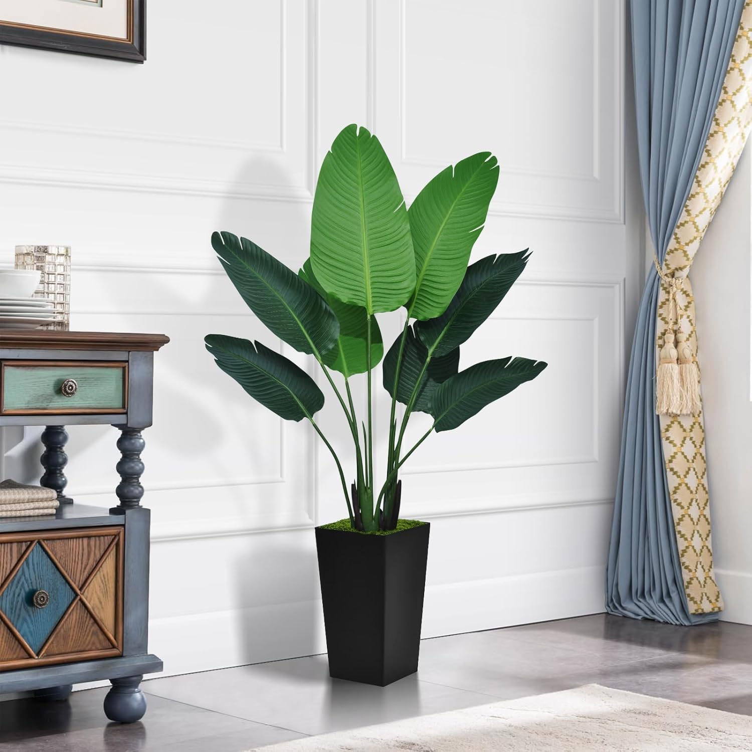 Bird of Paradise – Planta artificial de 5 pies, palmera tropical sintética con maceta alta negra, planta falsa en maceta, árbol de seda artificial
