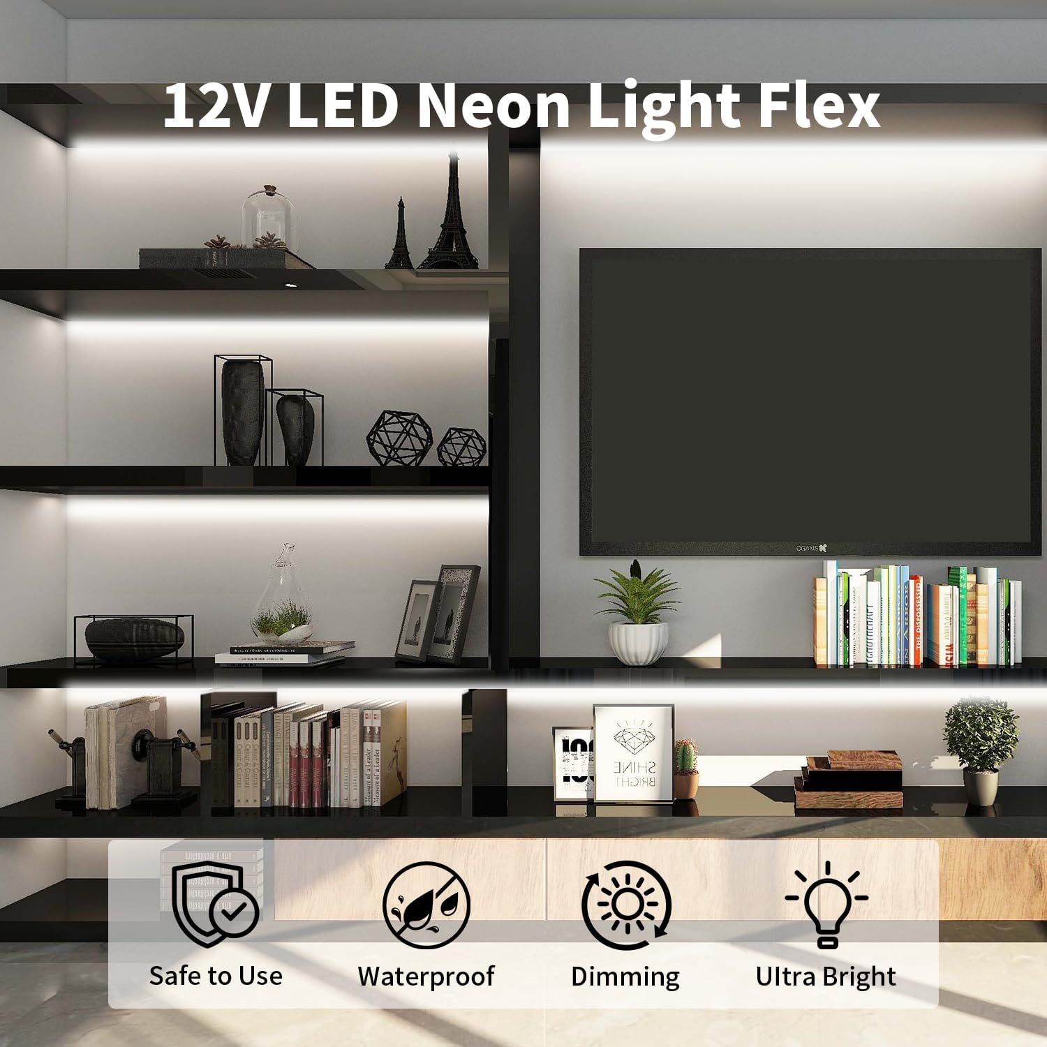 Tira de luces LED de neón blancas, 16.4 pies, 12 V, flexible, impermeable, de silicona, para dormitorio, cocina, fiesta, festival, decoración