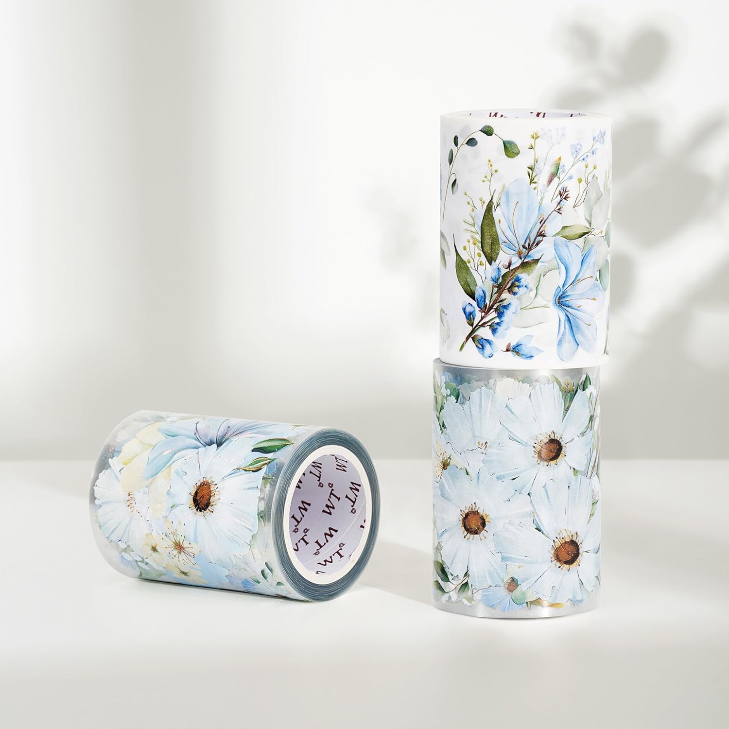 WT Serene Wide Washi Tape, rollo individual, diseños originales, cinta decorativa de flores azules, cuaderno de recortes de diario, suministros de