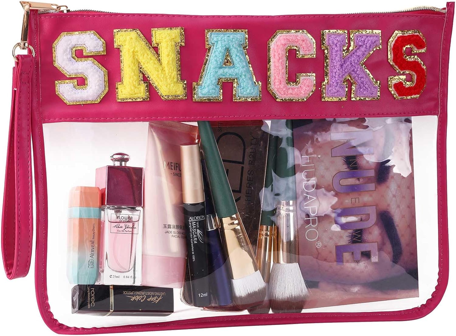 HASIOY – Bolsa transparente con parches, bolsa para aperitivos, bolsa de felpilla con letras de chenilla, bolsa de cosméticos con correas doradas