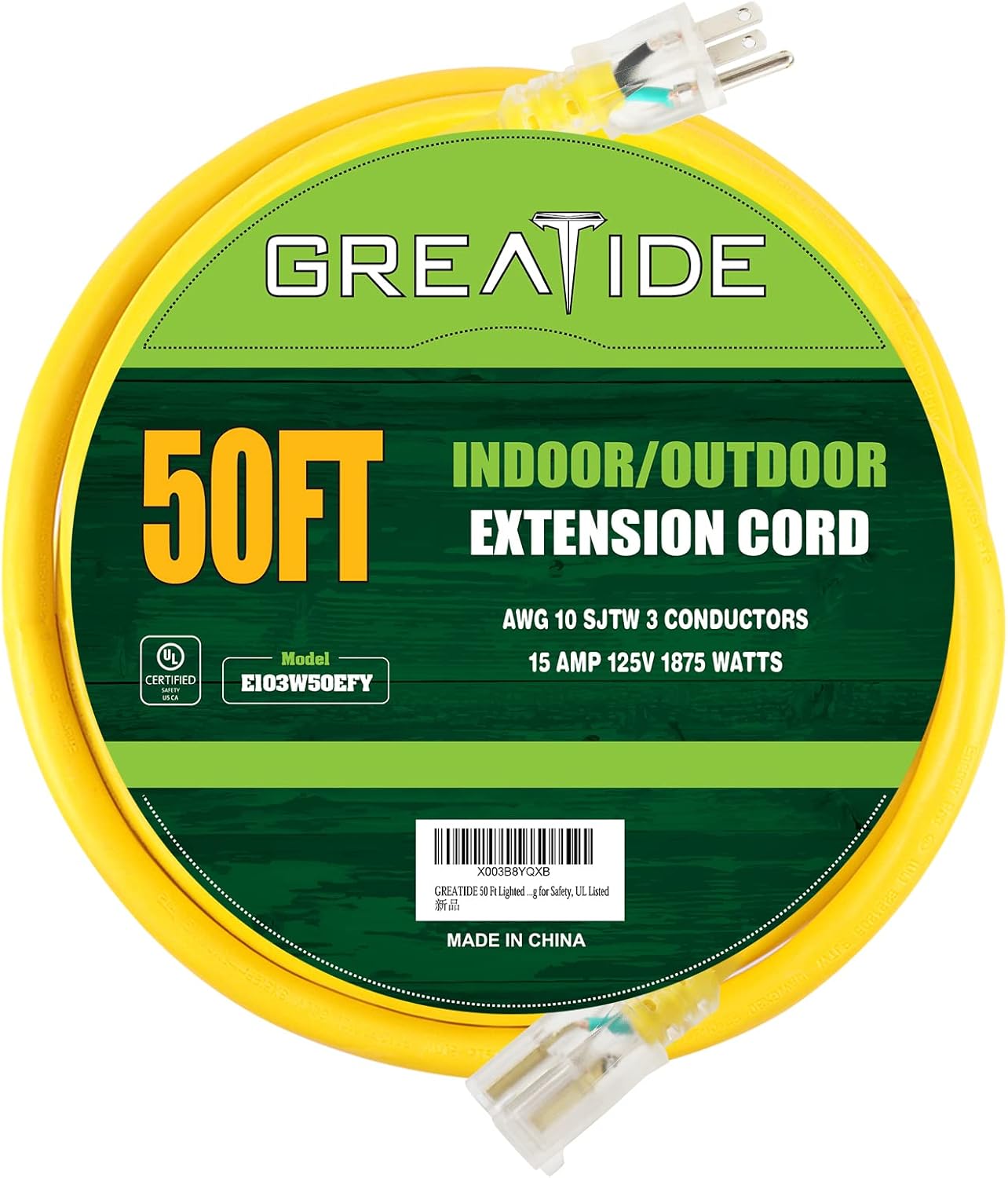 Cable de extensión iluminado para exteriores de 50 pies – Cable de extensión amarillo resistente SJTW 103 con enchufe de conexión a tierra de 3