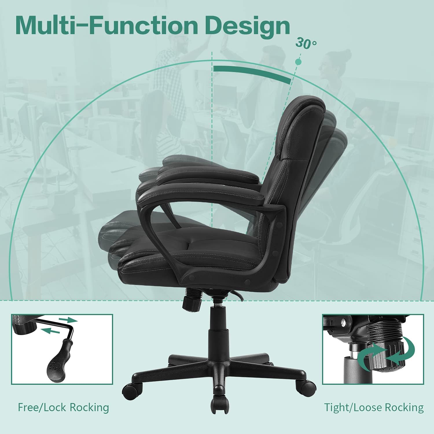Silla ejecutiva de oficina giratoria con respaldo medio, asiento de escritorio ergonómico acolchado de cuero con soporte lumbar, reposabrazos, color