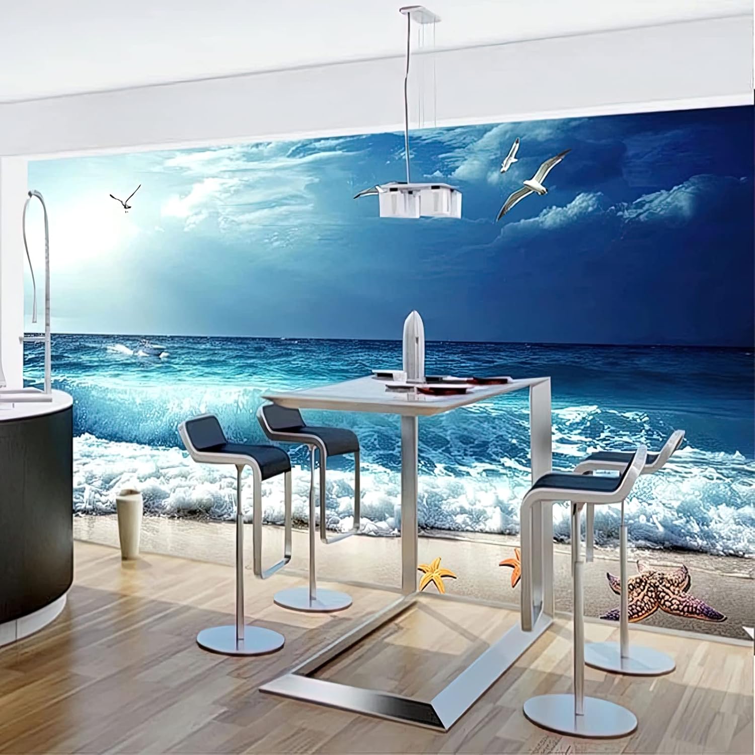 Waves Beach – Papel pintado 3D con diseño de estrellas de mar de gaviota, hermoso paisaje, impresión fotográfica, mural panorámico para sala de