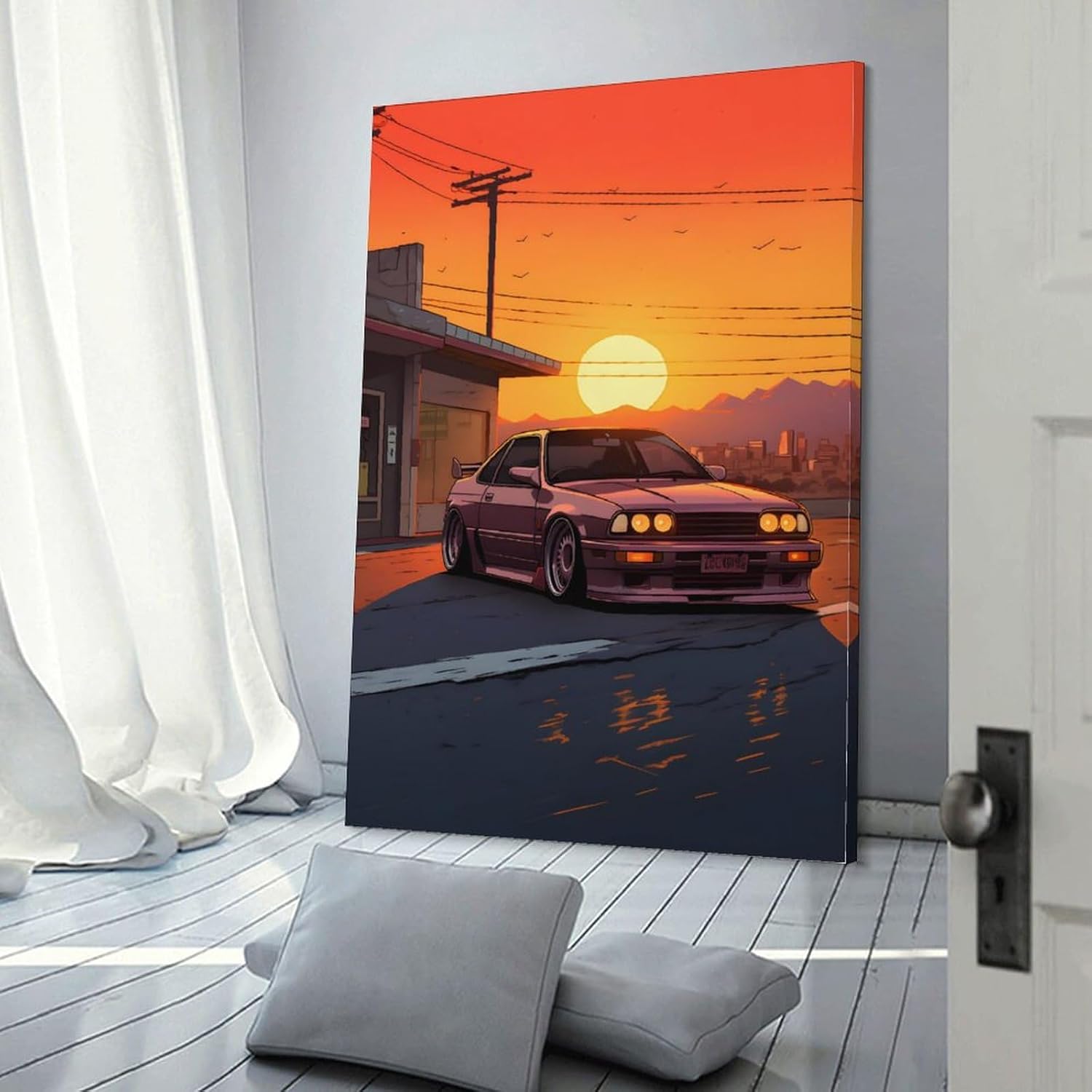Arte de pared Puesta de sol y JDM – Póster japonés de coche deportivo para decoración de interiores, pintura de pared, póster de arte de pared,