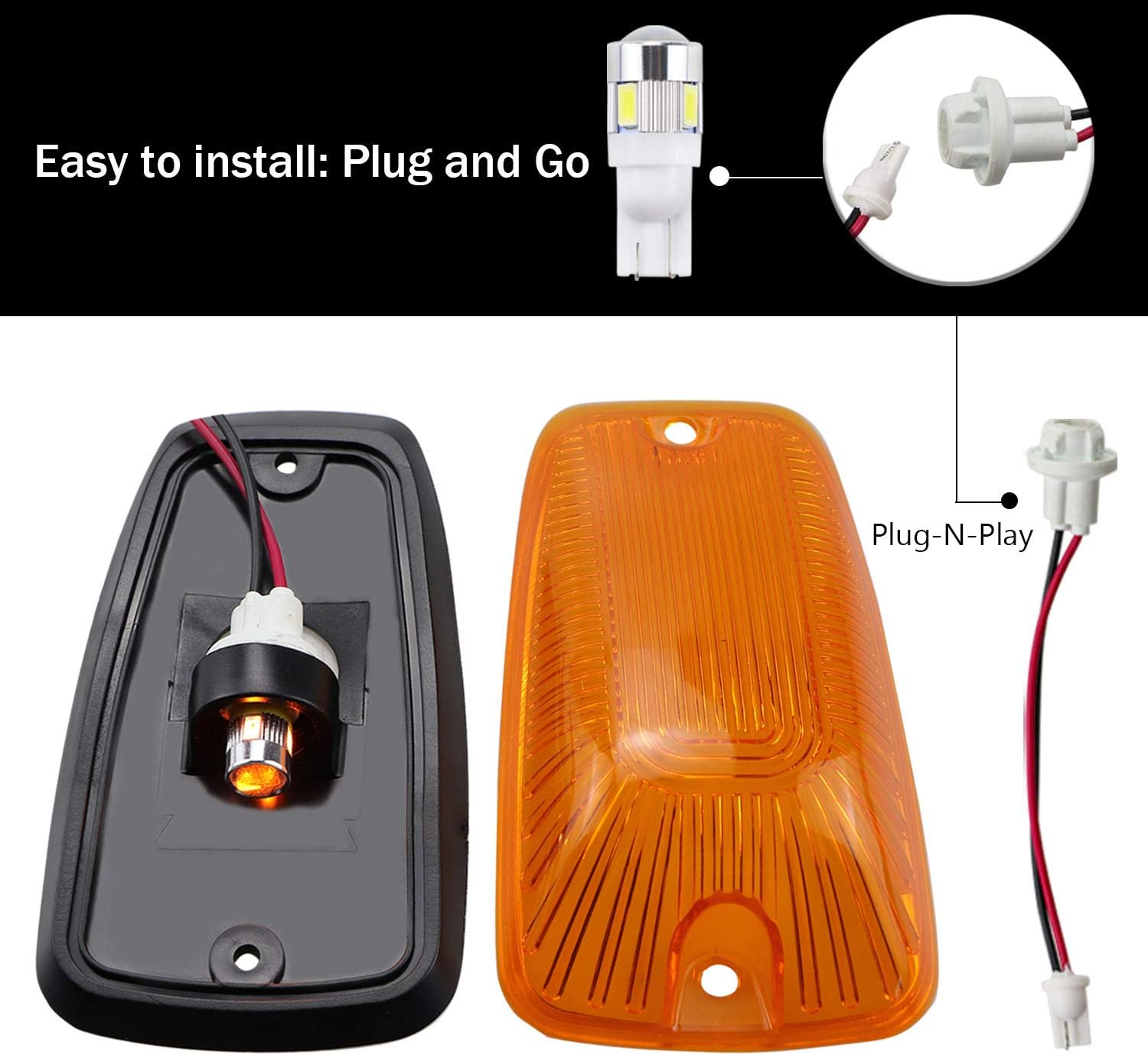 Cab Maker – Base de luz de techo + 5 bombillas LED ámbar T10 194 168 5050 para ChevyGMC C1500 C2500 C3500 K1500 K2500 K3500 1988-2000 camionetas