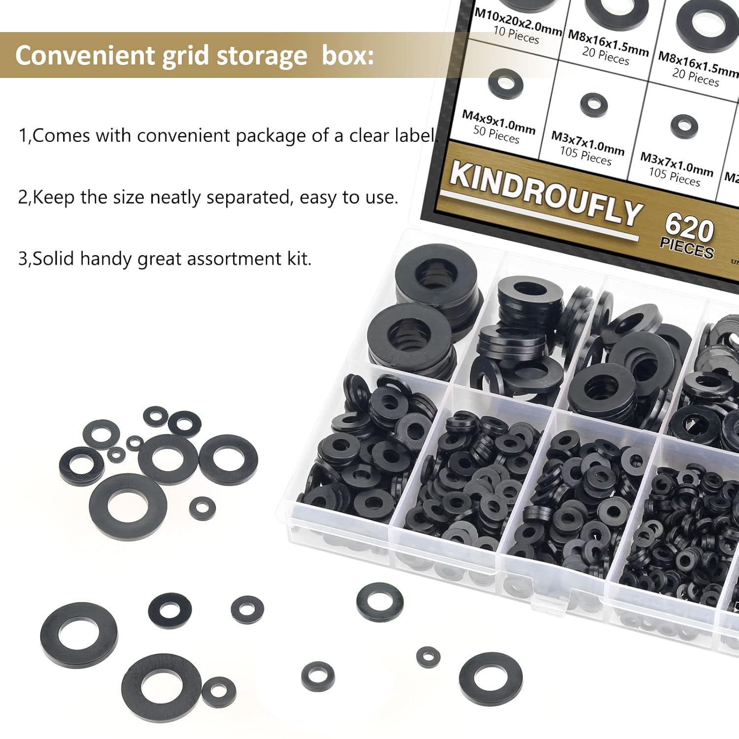 Kindroufly 620 arandelas planas de nailon, 8 tamaños, arandelas de plástico de nailon negro, kit surtido de arandelas (M2 M2.5 M3 M4 M5 M6 M8 M10)