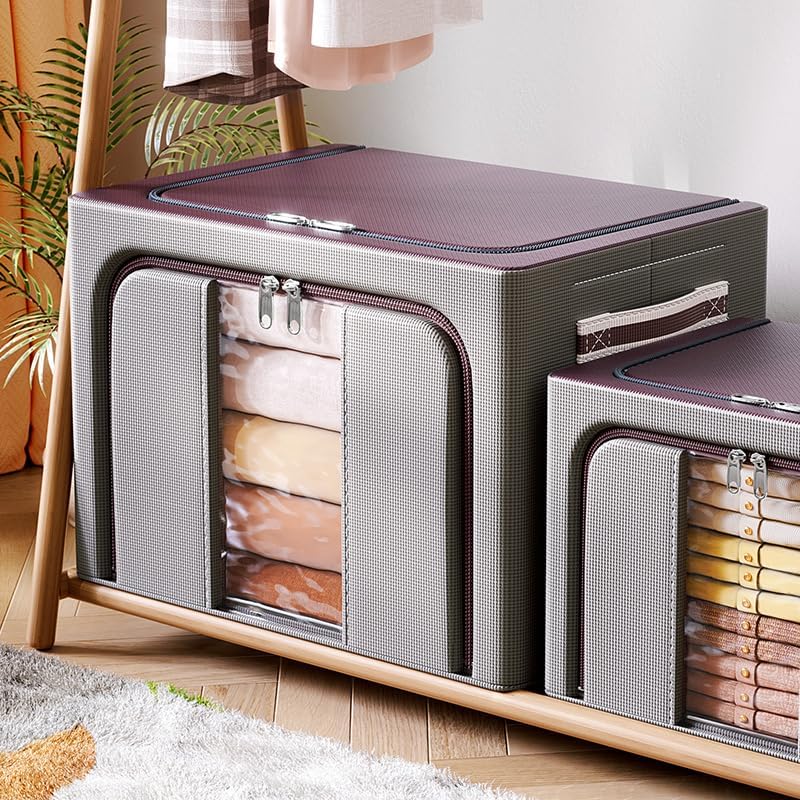 Metacrafts Caja organizadora de tela apilable y plegable, paquete de 2, contenedores de tela de gran capacidad con interior dividido, marco de metal