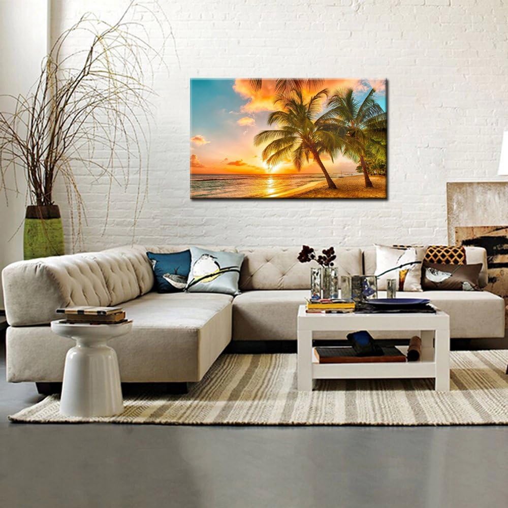 KREATIVE ARTS Lienzo grande para decoración del hogar, puesta de sol, paisaje marino, playa de coco, pintura moderna, arte de pared, lienzo