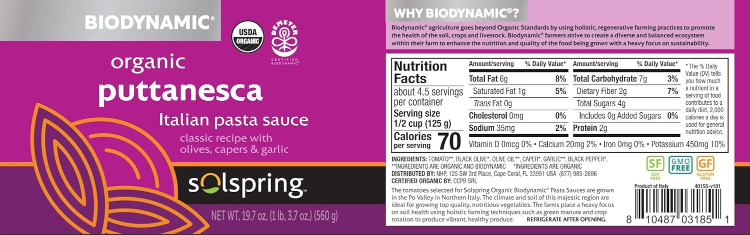 Dr. Mercola Solspring Biodynamic Organic Puttanesca – Salsa italiana para pasta, 3 frascos, aproximadamente 4.5 porciones por frasco (19.7 onzas por