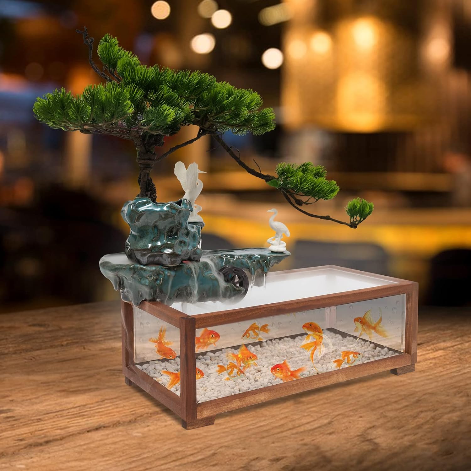 Fuente de mesa con luz LED, pecera, fuente de mesa artificial de paisaje con bomba, atomizador, para decoración de interiores y exteriores, alivio