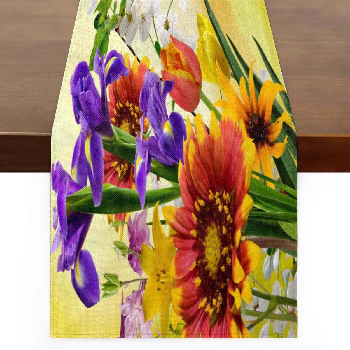 Table Runner Summer Floral Flowers Bouquet, Rustic Linen Table Cloth for Farmhouse Kitchen, Dinner, Events, Party, Holiday Table Decor 13 x 36 Inches