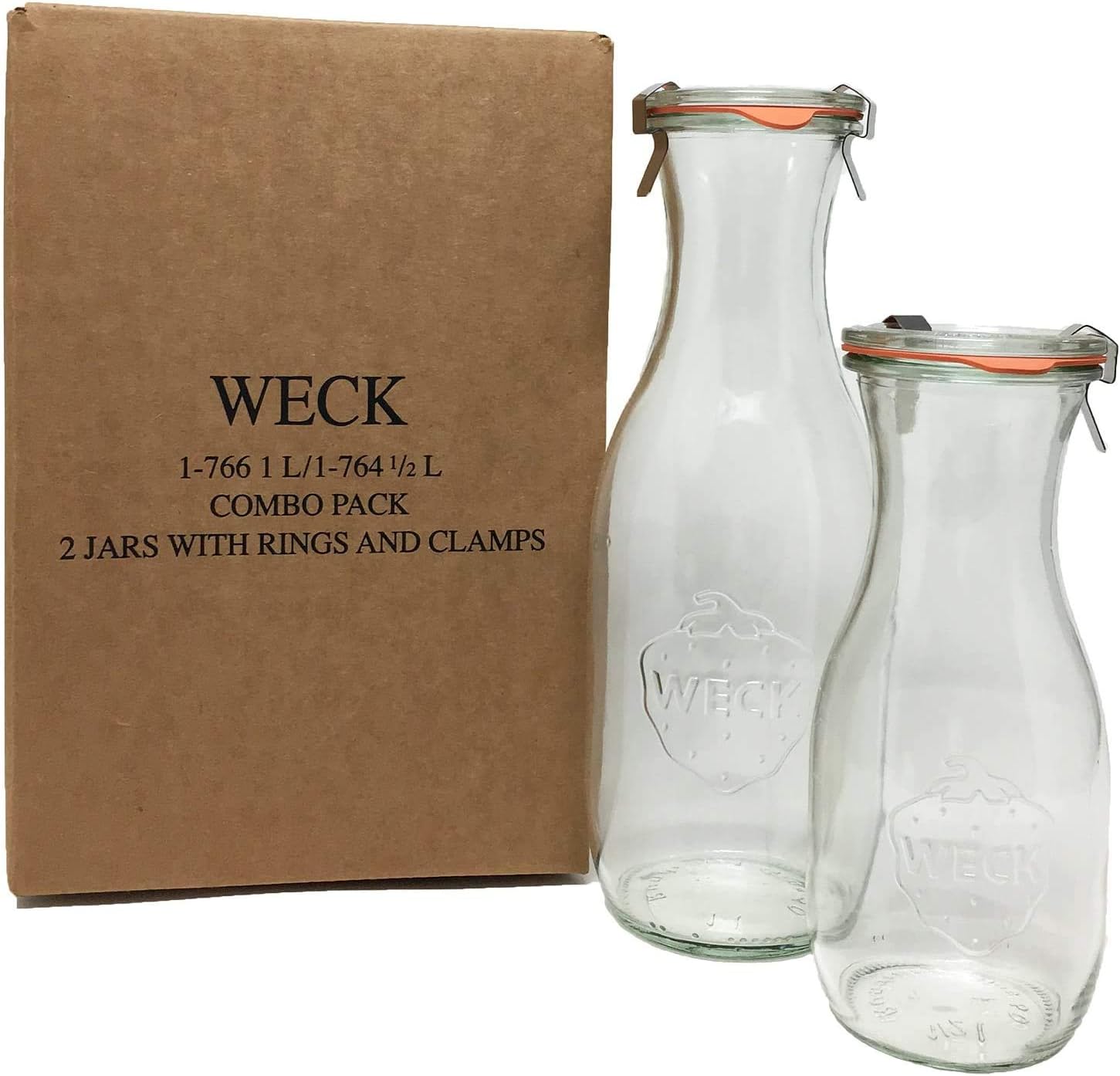 Weck Paquete combinado de tarros de jugo (1) 766 tarro de 1 litro (1) tarro 764 de 12 litros con tapas de vidrio, anillos de goma y abrazaderas de