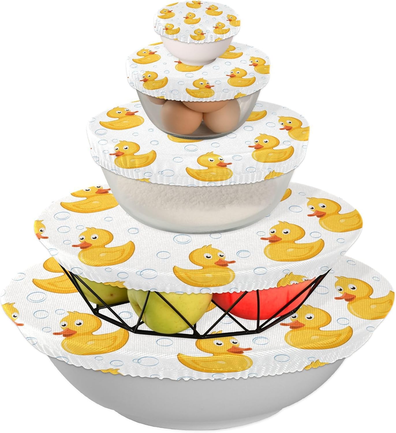 Rubber Duck – 5 fundas elásticas reutilizables para tazones para almacenamiento de alimentos, tapas de tela elástica con 5 tamaños diferentes,
