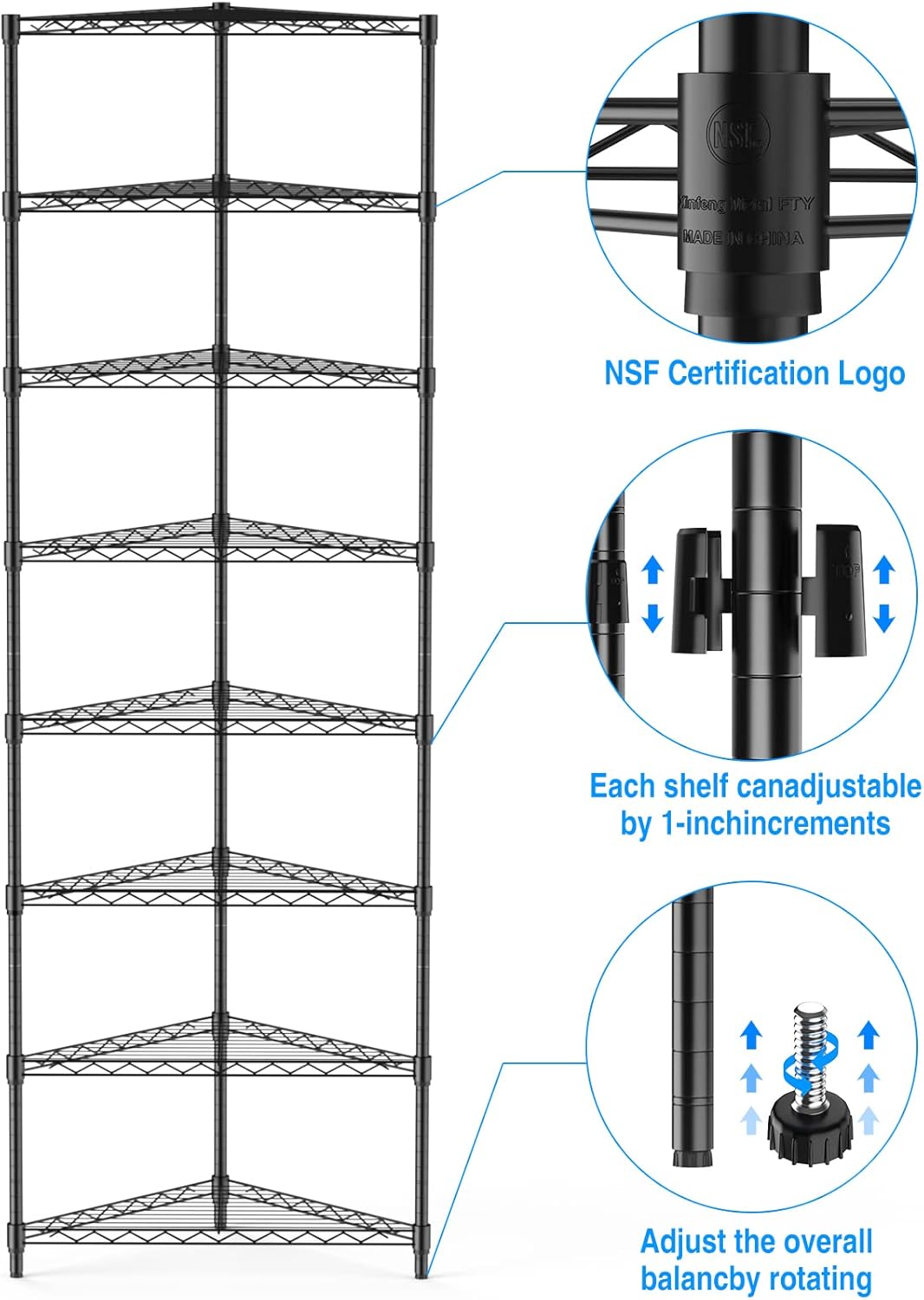Estantería de alambre esquinero NSF de 8 niveles, 20 x 20 x 82 pulgadas, capacidad de 400 libras, estante de almacenamiento de metal en forma de