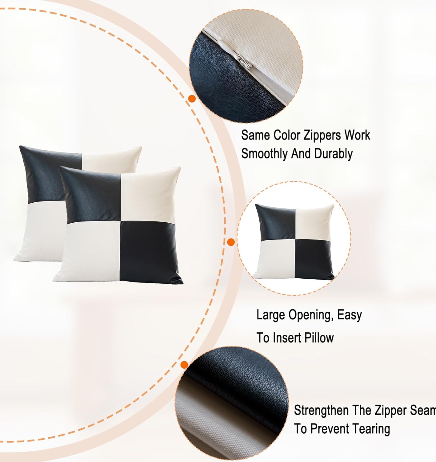 Juego de 2 fundas de almohada de lino con retazos de piel sintética negra, modernas, minimalistas, cuadradas, decorativas, bohemias, de 18 x 18