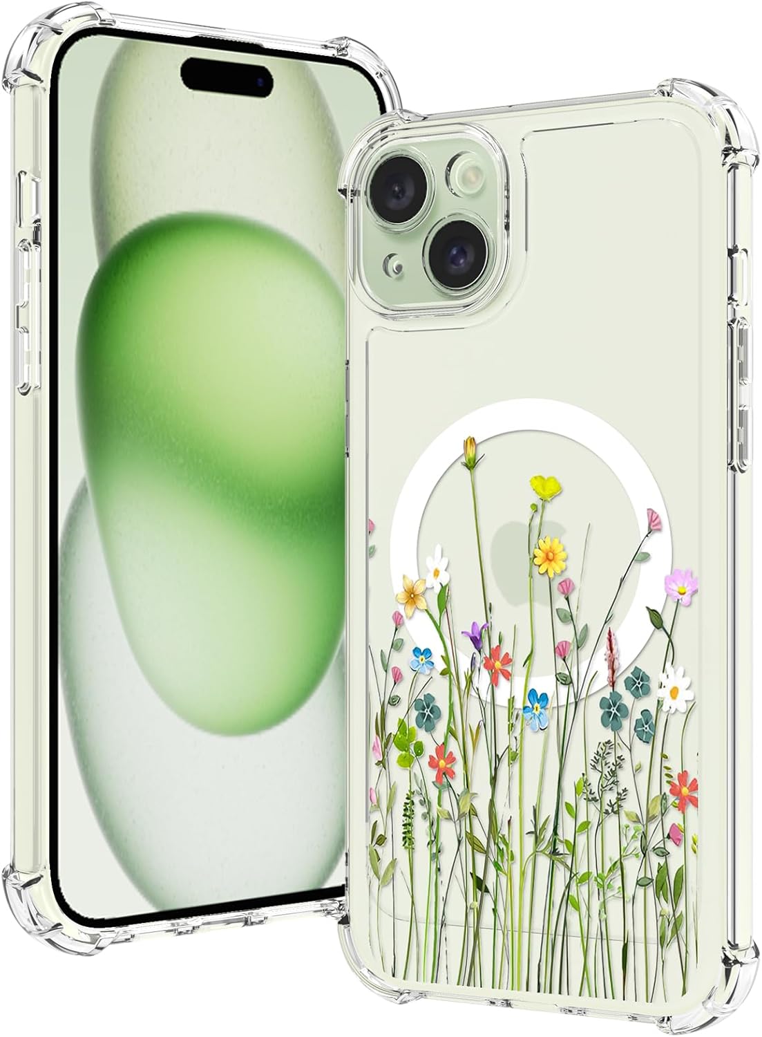 OOK Funda magnética para iPhone 15, diseño floral, transparente, compatible con MagSafe, funda protectora rígida de policarbonato para iPhone 15,