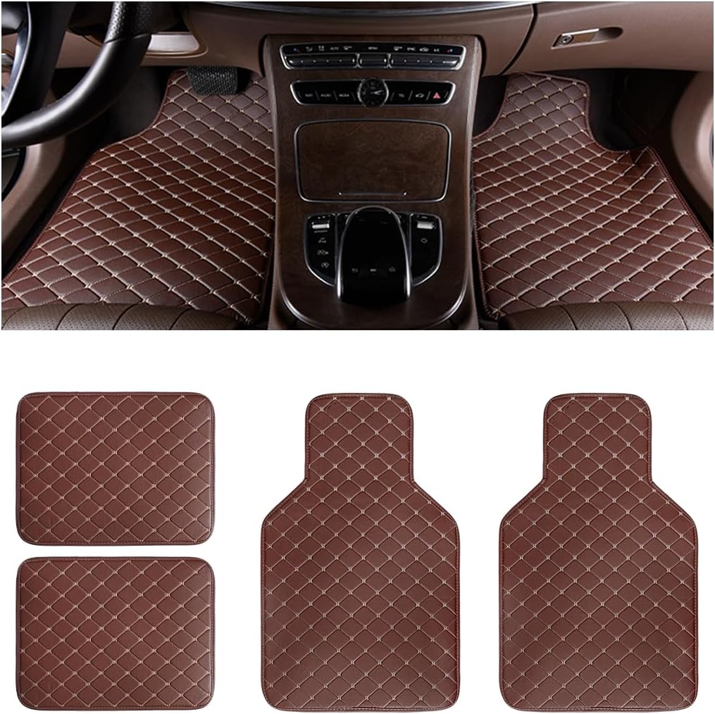 AUCELI Juego de 4 tapetes para piso de automóvil, piel sintética de lujo para todo tipo de clima, ajuste universal, alfombrilla delantera y trasera