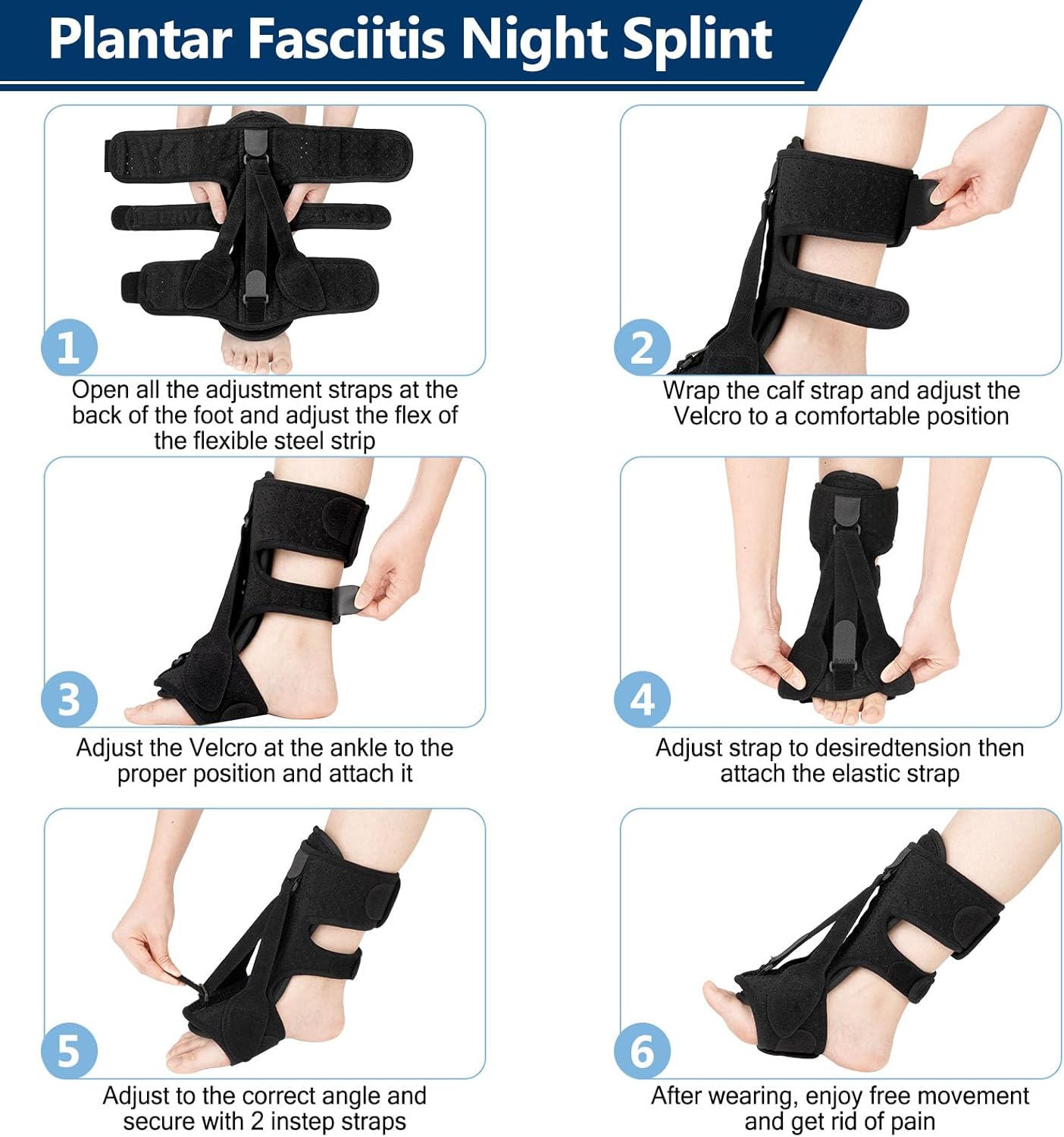 Férula nocturna para fascitis plantar, soporte de alivio de fascitis plantar, 3 correas ajustables, alivio de la fascitis plantar para fascitis