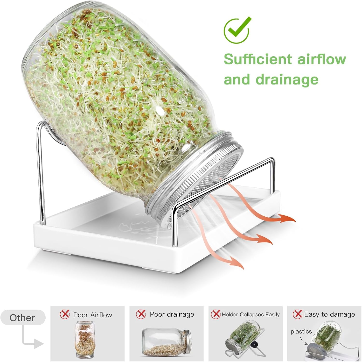 RAYPLE Sprouting Jar Kit, 2 Wide Mouth Mason Jars, Premium Stainless Steel Screen Sprout Lids, Blackout Sleeves, Tray, Stand, Sprouting Kit for