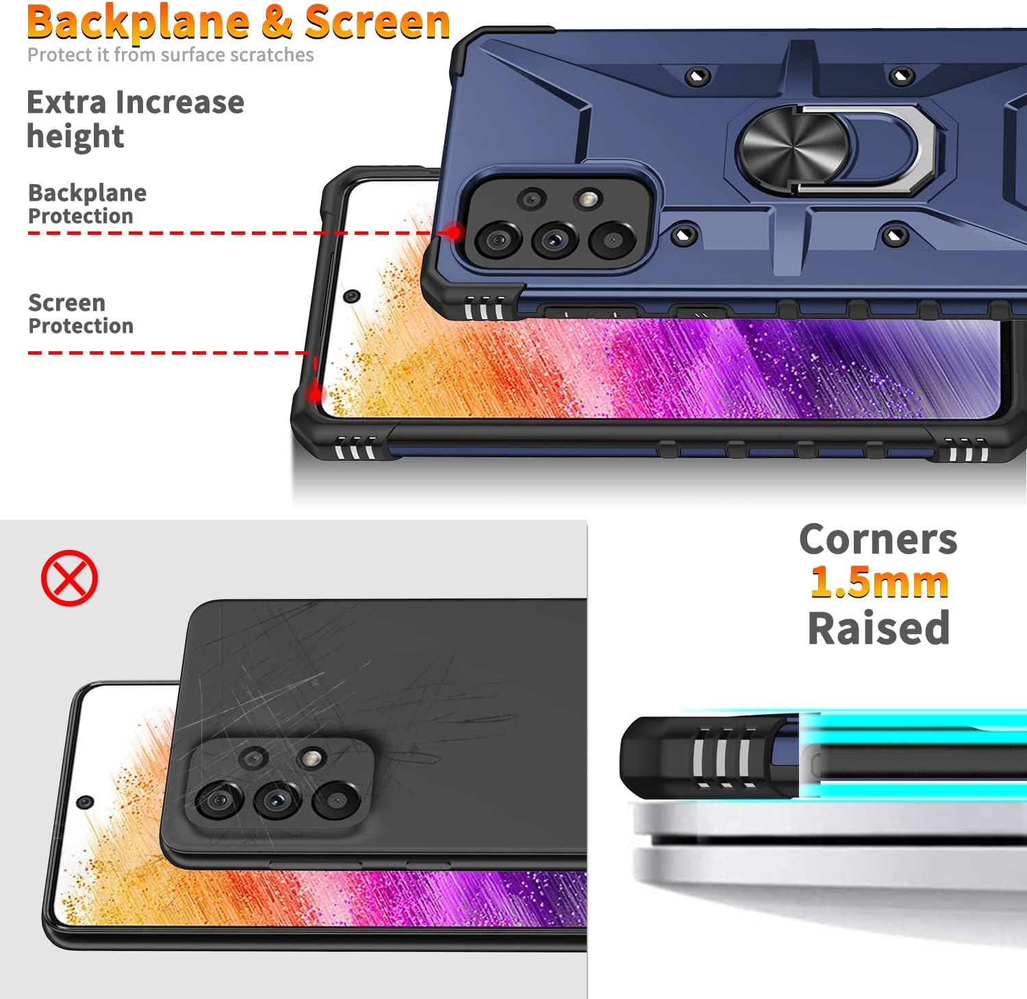 Funda para Galaxy A53 5G, Samsung A53 5G con protector de pantalla de vidrio templado, grado militar, doble a prueba de golpes, con función atril,