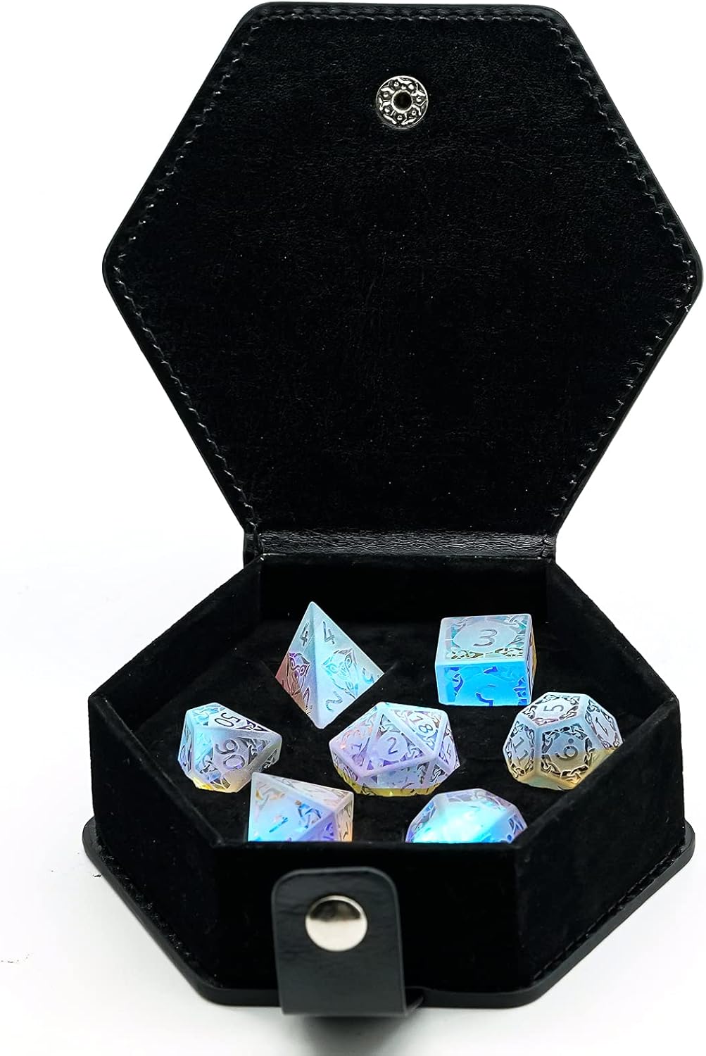 UDIXI Juego de dados DND de vidrio prisma, 7 piezas de dados de vidrio esmerilado D y D para juegos de mesa de Calabozos y Dragones D&D (vidrio de