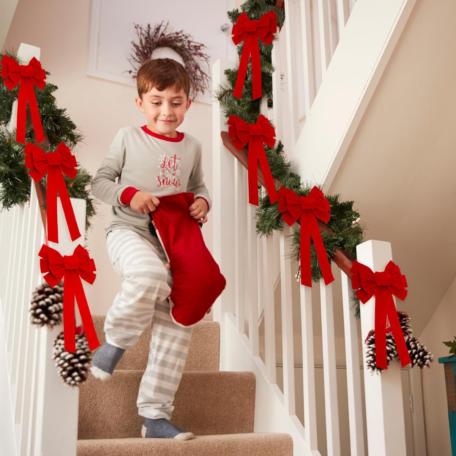 12 lazos grandes de terciopelo rojo de Navidad de 21 x 9 pulgadas, lazos decorativos de Navidad para decoración de árbol de Navidad para decoración