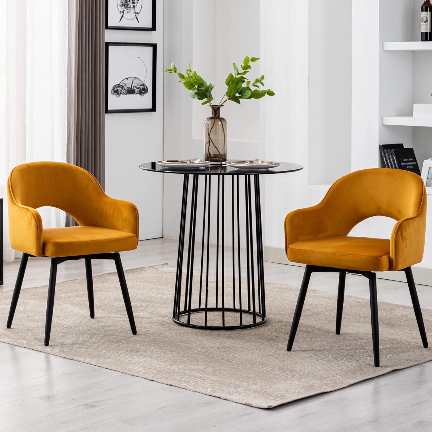 Juego de 2 sillas de comedor giratorias modernas, cómodas sillas laterales tapizadas de tela de terciopelo con respaldo hueco, patas de metal negro