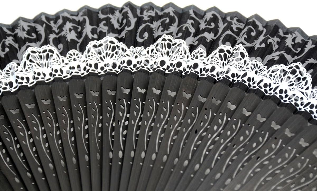 OMyTea Abanico plegable de bambú para mujer, ventilador de mano con patrón de encaje chino, japonés, español, para boda, decoración, actuación,