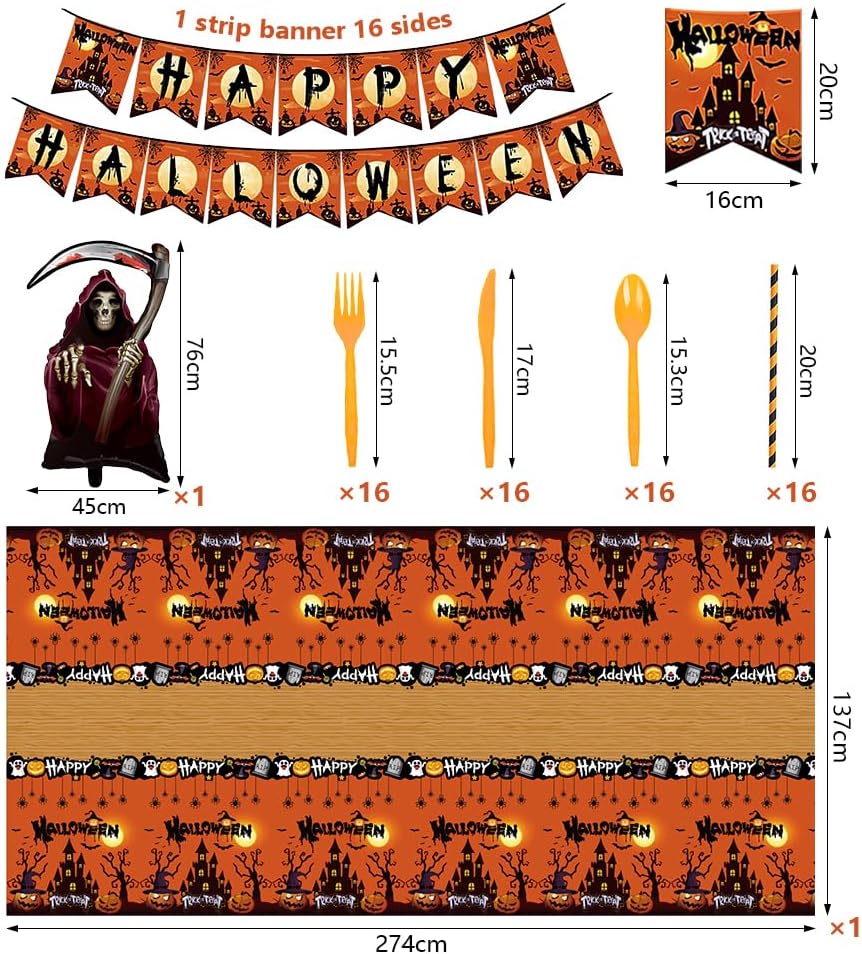 Juego de vajilla de 131 piezas para fiesta de Halloween, decoración de fiesta temática de Halloween, platos desechables de Halloween, servilletas,