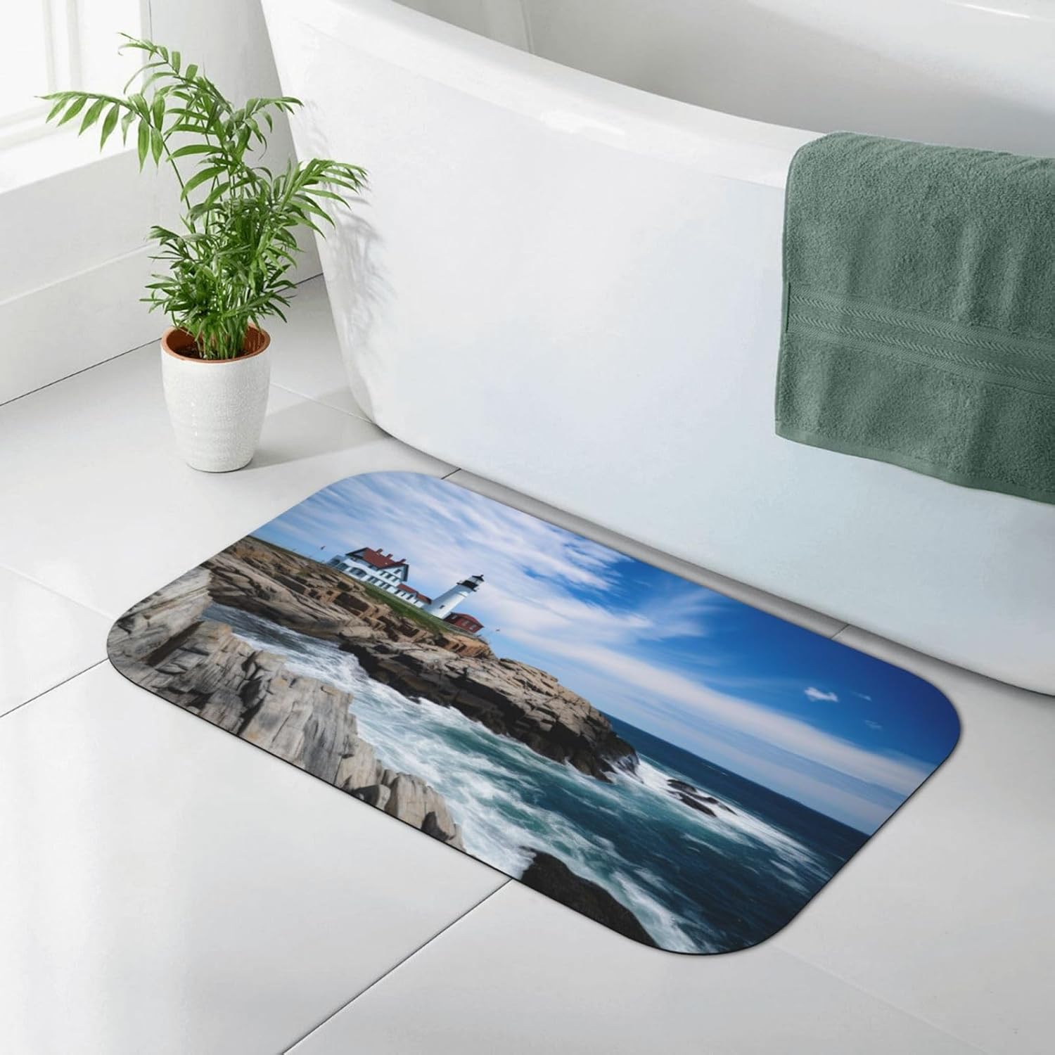 Sea Lighthouse – Tapete de baño de diatomeas de 19.7 x 31.5 pulgadas (cuadrado), tapete de diatomita absorbente para puerta de entrada del hogar,