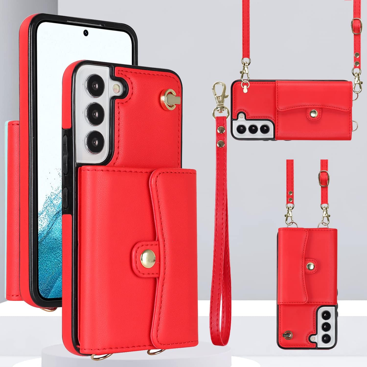 Asuwish Funda de teléfono para Samsung Galaxy S22 Plus S22+ 5G Funda tipo cartera con bloqueo RFID, tarjetero y correa cruzada de muñeca, soporte de