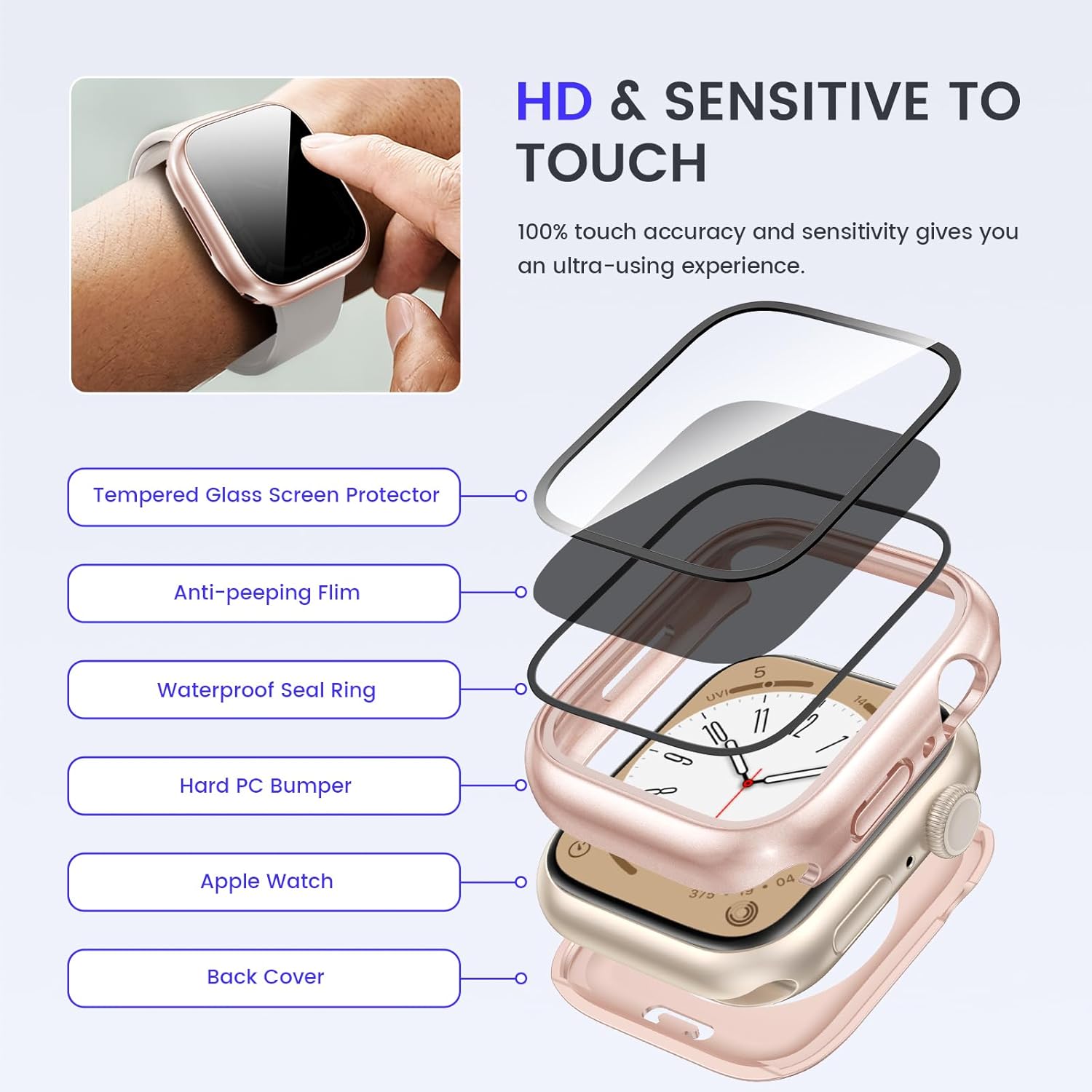 Goton Funda impermeable de privacidad 2 en 1 para Apple Watch Series 6, 5, 4, SESE 2, protector de pantalla de 1.732 pulgadas, cubierta frontal de