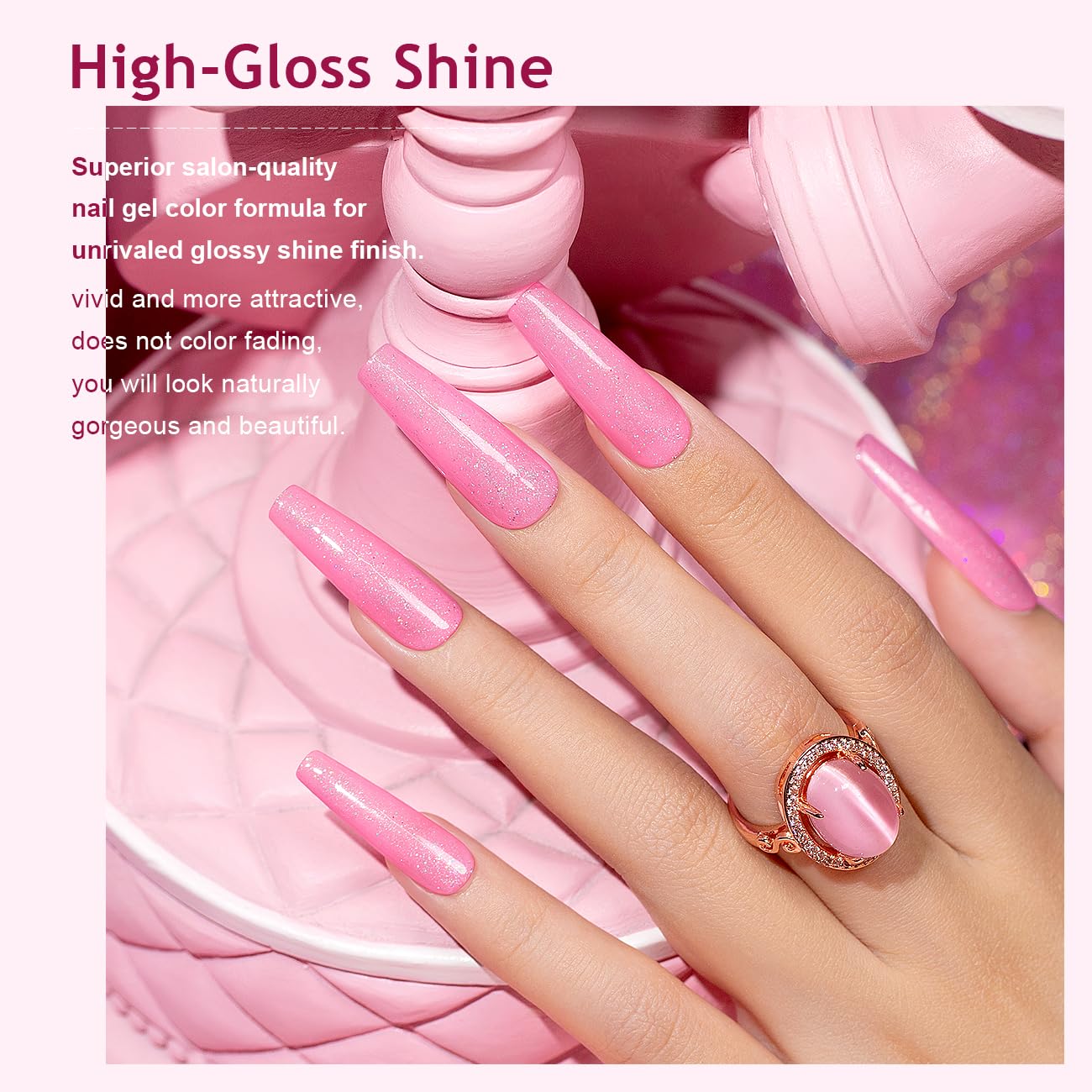 RARJSM Esmalte de uñas de gel iridiscente rosa intenso nude transparente brillante rosa neón con purpurina, esmalte de gel neutro brillante para