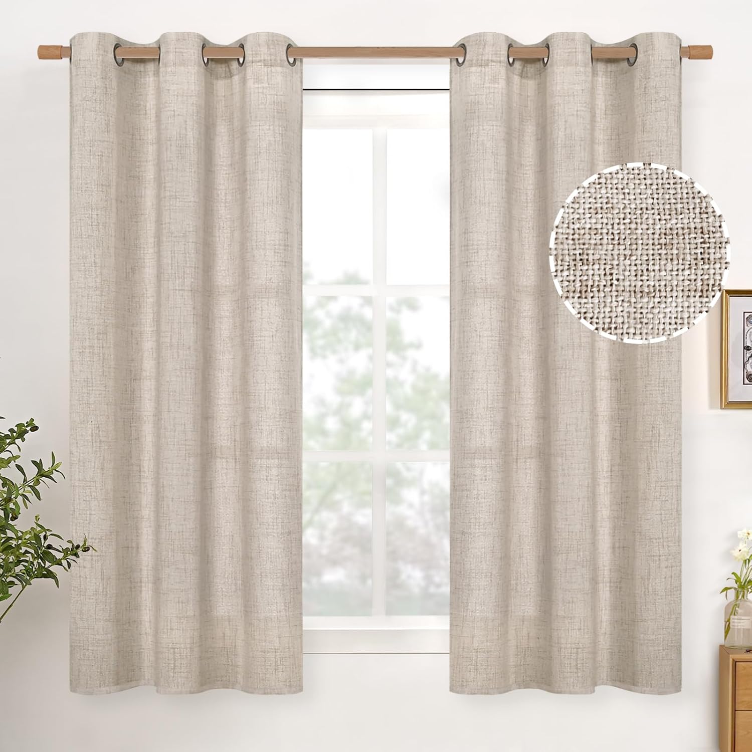 YoungsTex Cortinas de lino corto natural de 54 pulgadas de largo para ventana, cortinas texturizadas de lino con ojales de bronce, cortinas