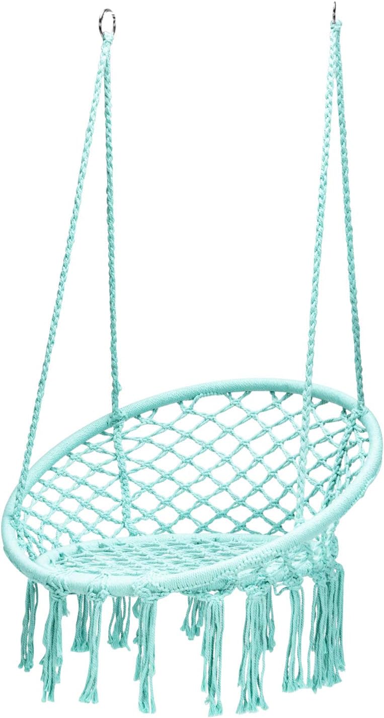 Tangkula Silla hamaca colgante, silla columpio de macramé con borlas y anillos colgantes de alta resistencia, estilo bohemio hecho a mano con cuerda