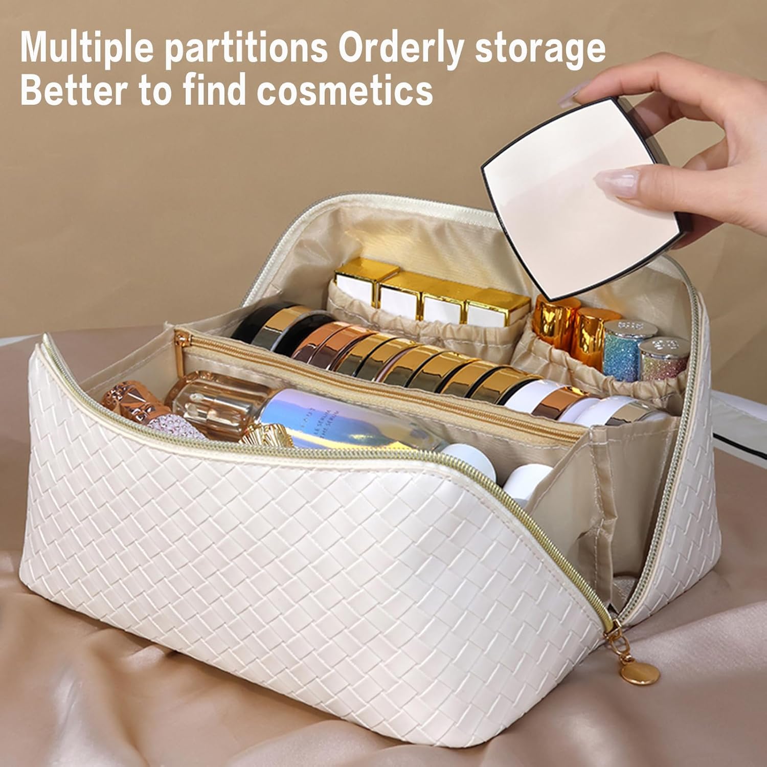 ISILANDON Bolsa de cosméticos de viaje de gran capacidad  Piel sintética impermeable, bolsa de maquillaje portátil para mujer con asa y divisor