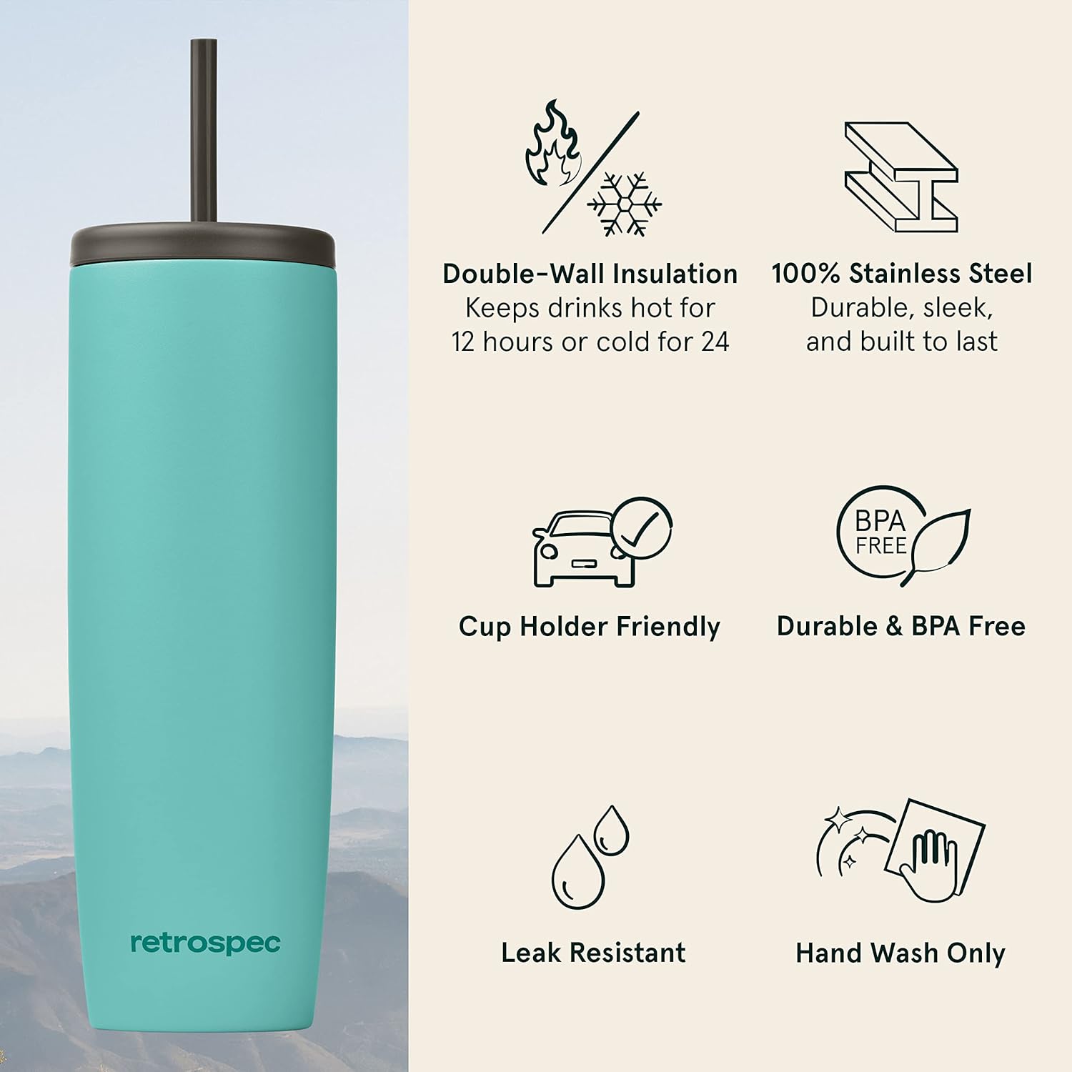 Retrospec Arroyo – Vaso térmico de acero inoxidable con tapa y pajita, reutilizable, aislado y reutilizable, taza de viaje para café helado, vasos