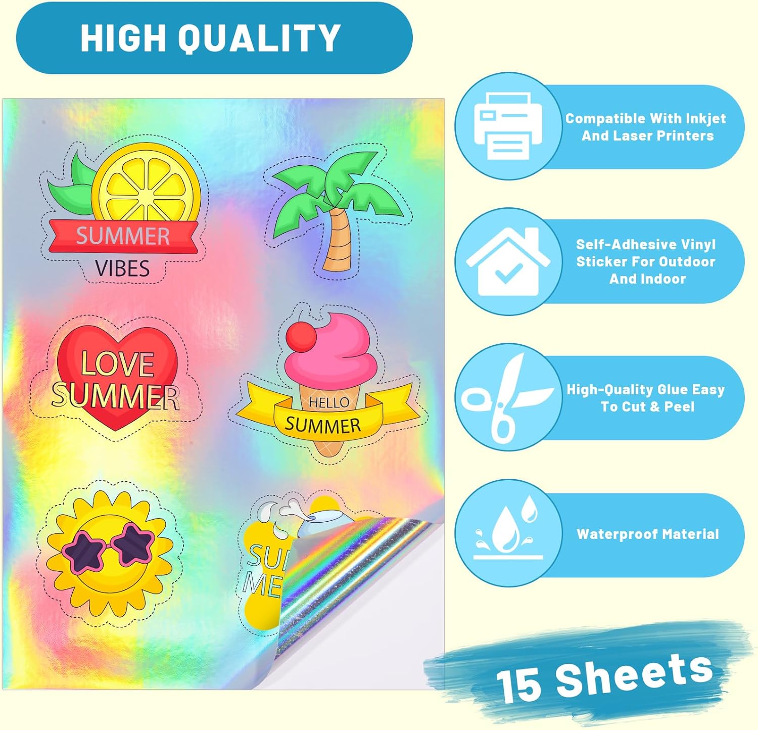 GIRAFVINYL Papel adhesivo holográfico imprimible para impresora de inyección de tinta, hojas de vinilo autoadhesivas holográficas de arcoíris