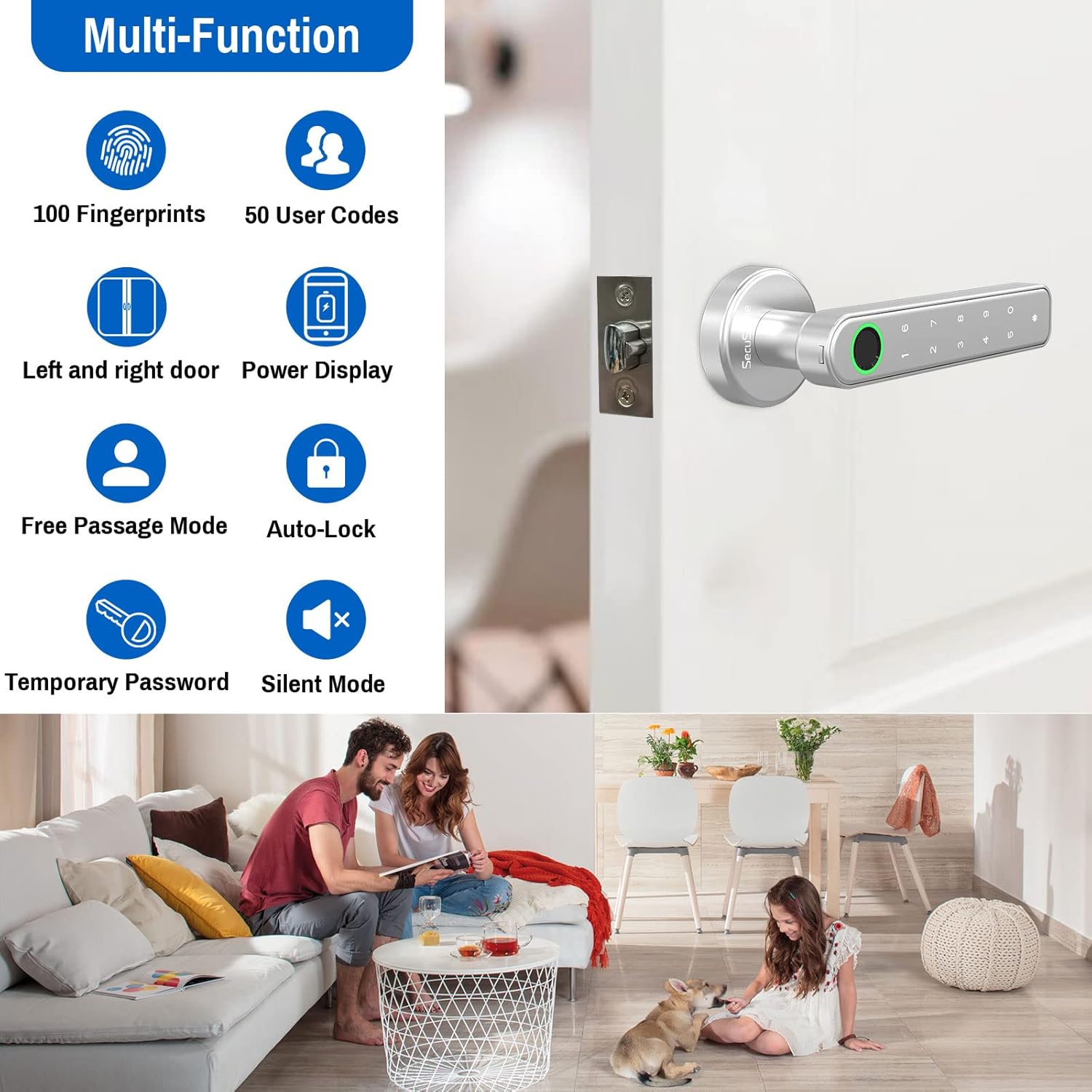 Secustone Cerradura de puerta de huellas dactilares, cerradura de puerta de entrada sin llave, perilla inteligente 4 en 1 con código de