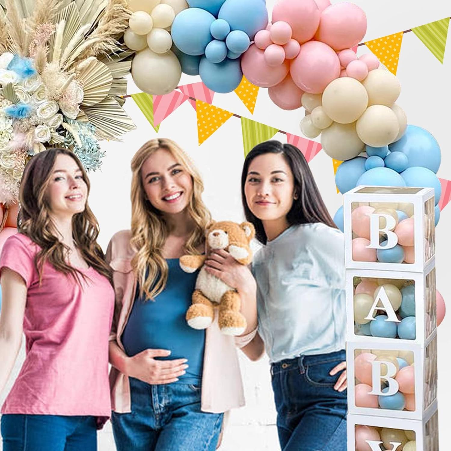 Decoraciones de revelación de género para baby shower, kit de arco de 176 globos rosas y azules, caja de bebé con letras para decoración de